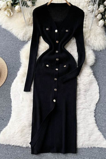 Autumn Winter V-Neck Long Sleeve Knitted Tight Fitting Slim Fit Women Clothes Casual Dress