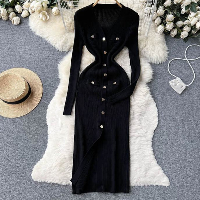 Autumn Winter V-Neck Long Sleeve Knitted Tight Fitting Slim Fit Women Clothes Casual Dress