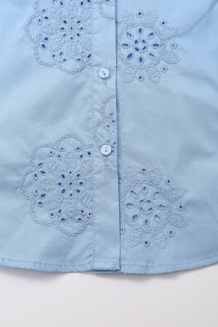 Turn Down Collar Embroidery Blue Color Casual Fashion Tops Blouse for Women