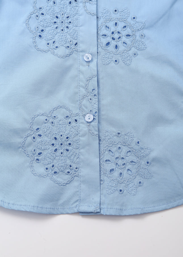 Turn Down Collar Embroidery Blue Color Casual Fashion Tops Blouse for Women