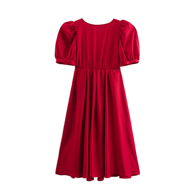 Square Collar Short Sleeve Buttons up Red Color Casual Fashion Oversize Maxi Dress for Ladies