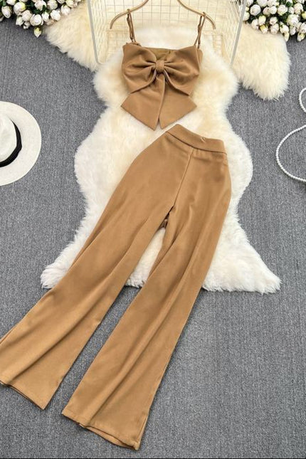 Casual Set of Female Casual Pants Pants Two-piece Bow Top Set