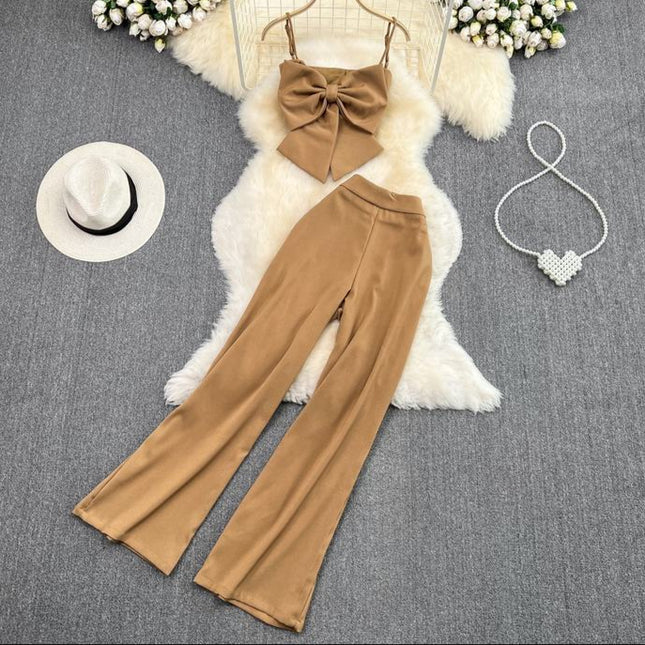 Casual Set of Female Casual Pants Pants Two-piece Bow Top Set
