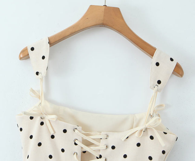 Polka Dot Print Beige Color Shoulder Strap Back Lace up Casual Fashion Mini slip Dress for Ladies