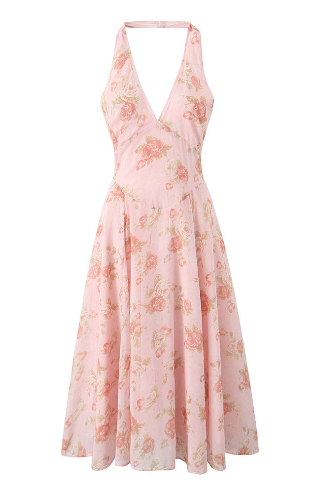 Floral Print Back Hollow Out pink Color Sleeveless Casual Fashion Summer Long Halter Dress for Women