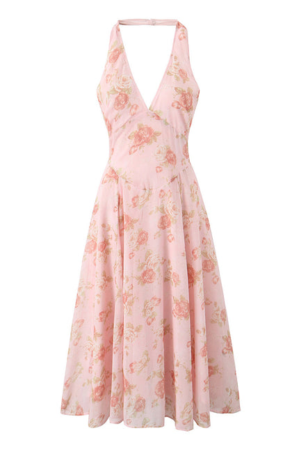 Floral Print Back Hollow Out pink Color Sleeveless Casual Fashion Summer Long Halter Dress for Women