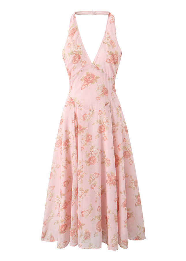 Floral Print Back Hollow Out pink Color Sleeveless Casual Fashion Summer Long Halter Dress for Women