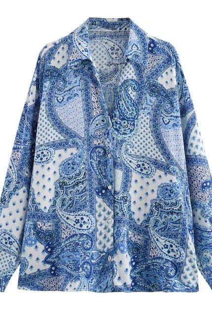 Floral Print Turn Down Collar Long Sleeve Buttons up Blue Color Casual Fashion Blouse Tops for Women