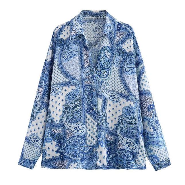 Floral Print Turn Down Collar Long Sleeve Buttons up Blue Color Casual Fashion Blouse Tops for Women