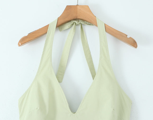 2 Colorway Solid Color Back Hollow Out Sleeveless Casual Fashion Cotton Halter Dress for Women