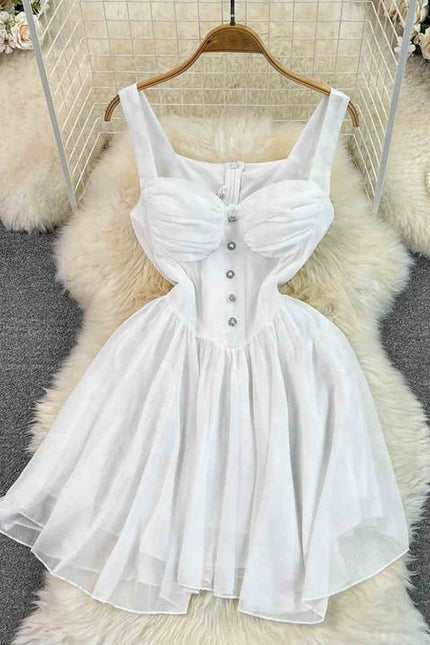 Verão A linha Vestido Curto Sem Mangas Cor Sólida Cintura Alta Deslizamento Sexy Dress