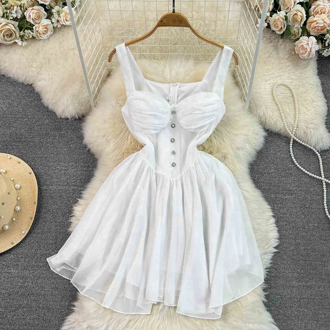 Verão A linha Vestido Curto Sem Mangas Cor Sólida Cintura Alta Deslizamento Sexy Dress