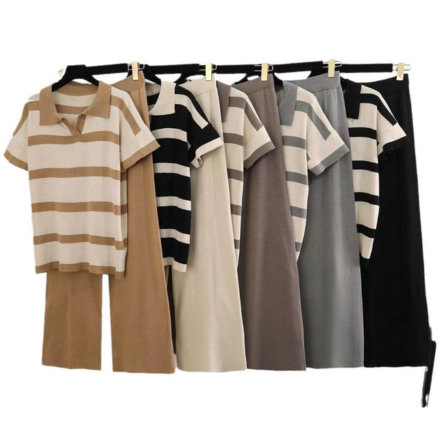 New Summer Colored Casual Fashion Knitted Top Loose Wide Leg Pants Knitted Set