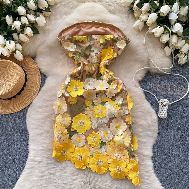 Summer New Bustier Evening Dress Women Waisted Ruffled Sleeveless Waist Cinching Slimming Flower Embroidery Sexy Dresses