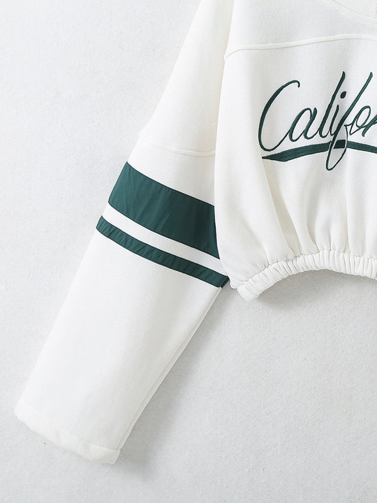 Crew Neck Letter Print Long Sleeve White Color Casual Fashion Crop Sweatshirt for Women