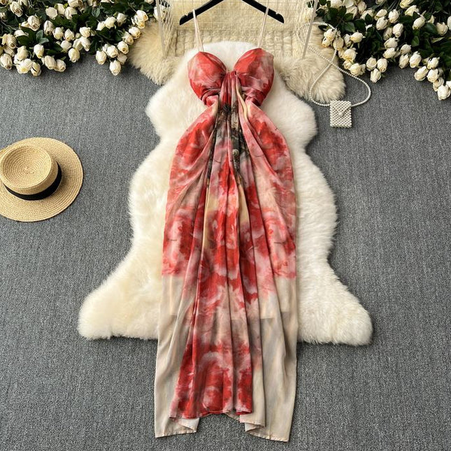 Women Printed French Halter Sleeveless Long Sexy Vacation Style Dresses