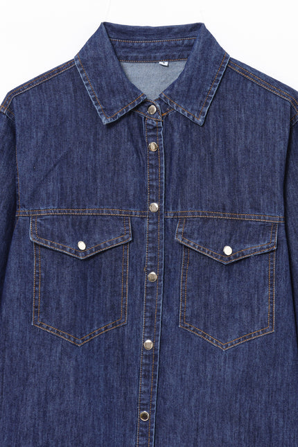 Denim Blue Color Buttons up Long Sleeve Long Sleeve Casual Fashion Jeans Tops Blouse for Women
