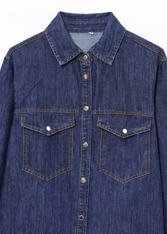Denim Blue Color Buttons up Long Sleeve Long Sleeve Casual Fashion Jeans Tops Blouse for Women