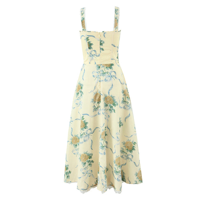2 Colorway Floral Print Shoulder Strap Front Lace up Casual Fashion Summer Cotton Long slip Dress for Women