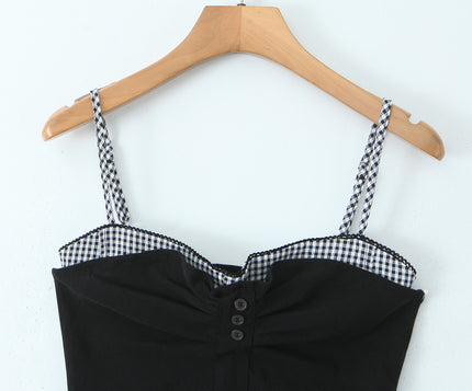 Spaghetti Trap Black Color Front Pleated Patchwork Design Casual Fashion Women's Crop tank Top