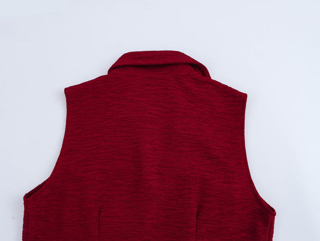 Notched collar sleeveless sashes red color casual fashion maxi summer dress for women