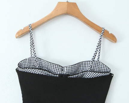 Spaghetti Trap Black Color Front Pleated Patchwork Design Casual Fashion Women's Crop tank Top