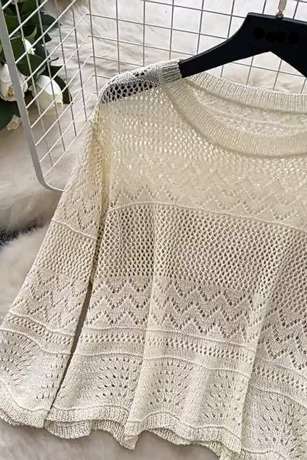 Two-piece Set Gentle Women Versatile Outfit Round-neck Short Sleeve Knitted Top Hollow-out Crocheted Hip-hugging Pencil Skirt
