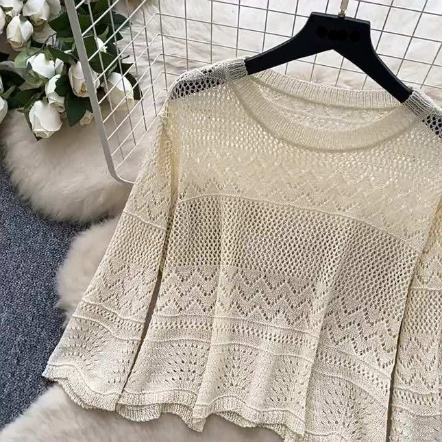 Two-piece Set Gentle Women Versatile Outfit Round-neck Short Sleeve Knitted Top Hollow-out Crocheted Hip-hugging Pencil Skirt