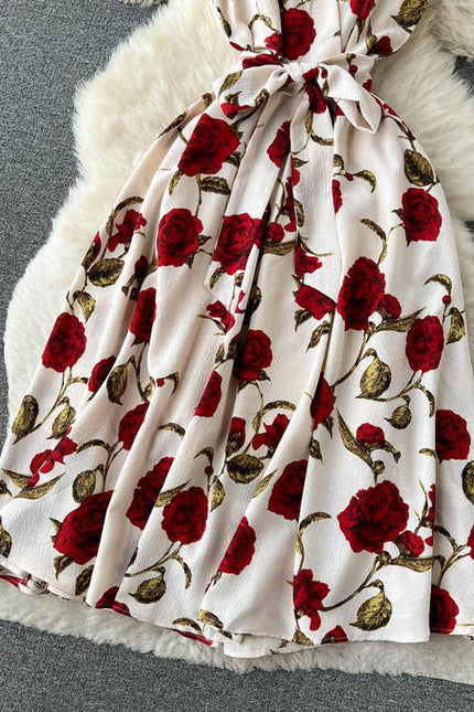 Sleeveless V-neck Print A-line Dress Summer Vintage High Waist Midi Dress Ladies Casual Dress Clothes Women Wholesale