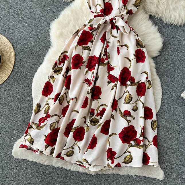 Sleeveless V-neck Print A-line Dress Summer Vintage High Waist Midi Dress Ladies Casual Dress Clothes Women Wholesale