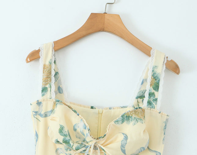 2 Colorway Floral Print Shoulder Strap Front Lace up Casual Fashion Summer Cotton Long slip Dress for Women