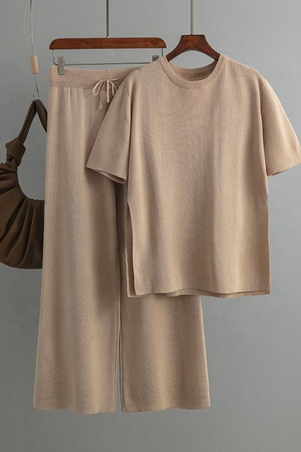 Fashion Knitwear Set in Long Solid Color Loose Split Knitwear + High Waist Lace-up Pants Two-piece Set