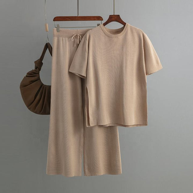 Fashion Knitwear Set in Long Solid Color Loose Split Knitwear + High Waist Lace-up Pants Two-piece Set