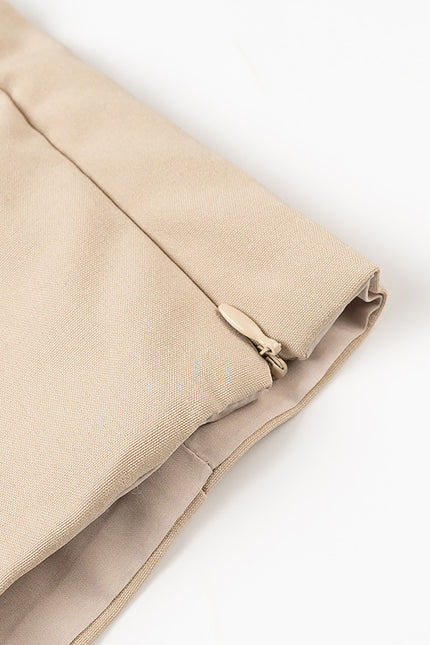 Pleated Strapless Crop tank Top Beige Color Zipper Fly Long Pants Casual Fashion Women 2 Piece Set