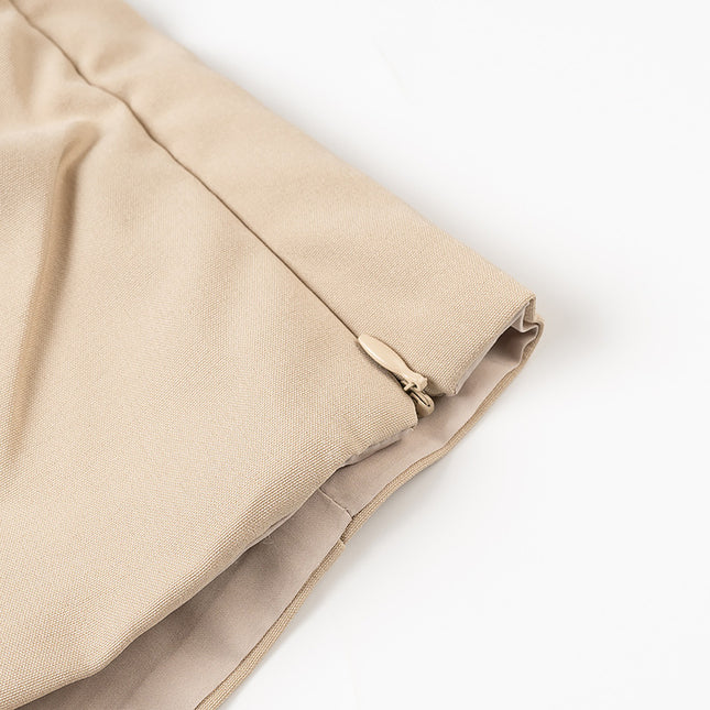 Pleated Strapless Crop tank Top Beige Color Zipper Fly Long Pants Casual Fashion Women 2 Piece Set
