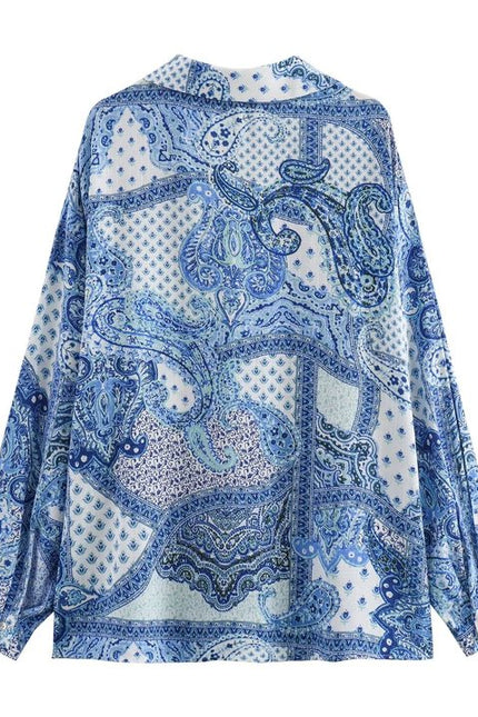 Floral Print Turn Down Collar Long Sleeve Buttons up Blue Color Casual Fashion Blouse Tops for Women