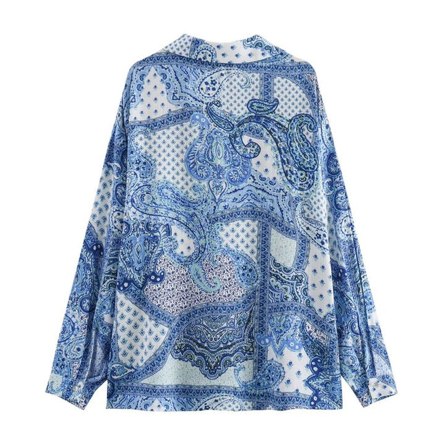 Floral Print Turn Down Collar Long Sleeve Buttons up Blue Color Casual Fashion Blouse Tops for Women