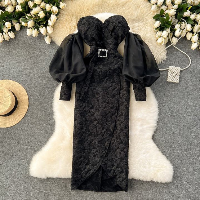 Banquet Dresses High-end Lantern Sleeve Sexy Strapless Chest Slim Long Dresses Women