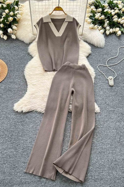 Two-piece Summer Outfit Sleeveless Knitted Top Retro Color-blocking Turn-down Collar and High Waist Wide Leg Trousers