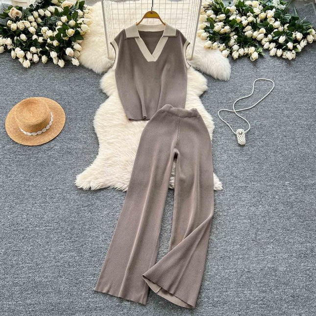 Two-piece Summer Outfit Sleeveless Knitted Top Retro Color-blocking Turn-down Collar and High Waist Wide Leg Trousers