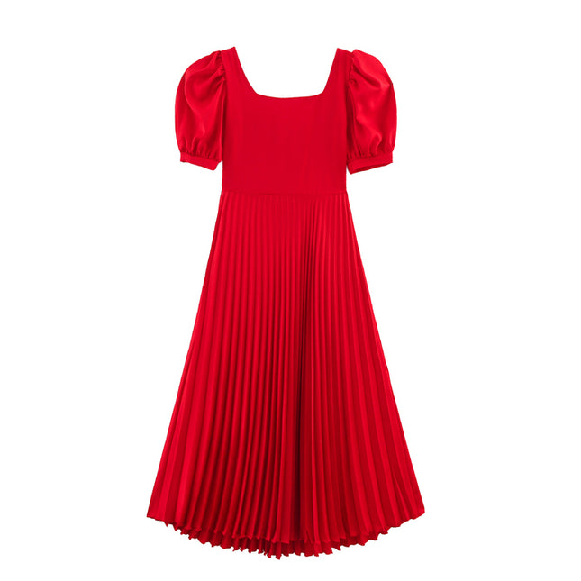Square Collar Red Color Short Sleeve Buttons up Hot Sale Casual Fashion Pleated Long Dress for Women