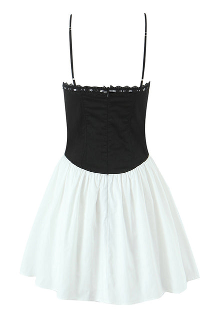 Front Lace up Spaghetti Strap Black White Color Hot Sale Casual Fashion Summer Mini Cotton slip Dress for Women