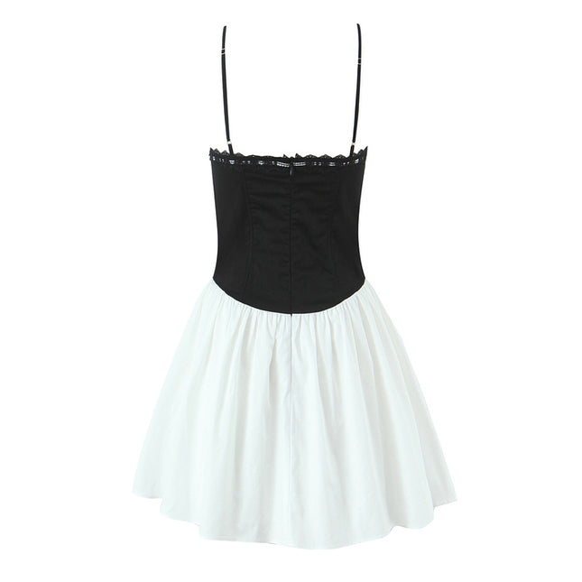 Front Lace up Spaghetti Strap Black White Color Hot Sale Casual Fashion Summer Mini Cotton slip Dress for Women