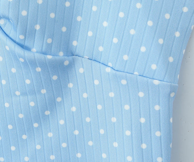 Light Blue Color Polka Dot Print Back Hollow Out Casual Fashion Women's Halter Crop tank Top