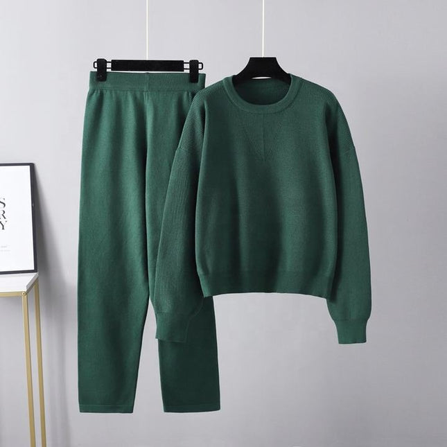 Autumn and Winter Ladies' Casual Set New Loose Sweater Two Piece Pants Set Solid Color Knitting Set Female Fashion