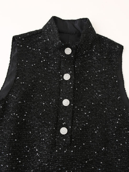 Stand Collar Black Color Sequin Buttons up Sleeveless Casual Fashion Mini Dress for Ladies
