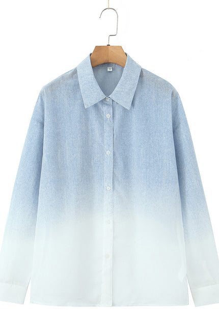 Blue White Color Buttons up Long Sleeve Turn Down Collar Casual Fashion Tops Blouse for Women