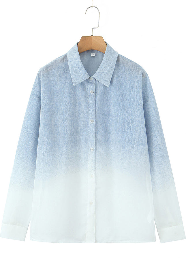 Blue White Color Buttons up Long Sleeve Turn Down Collar Casual Fashion Tops Blouse for Women