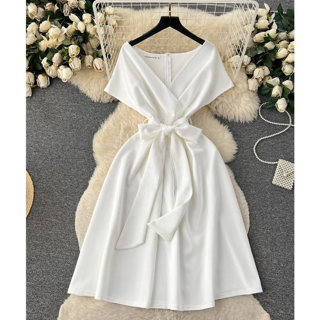 Banquet Party Dresses Women Summer Bow Tie Short Sleeve V-Neck Dresses