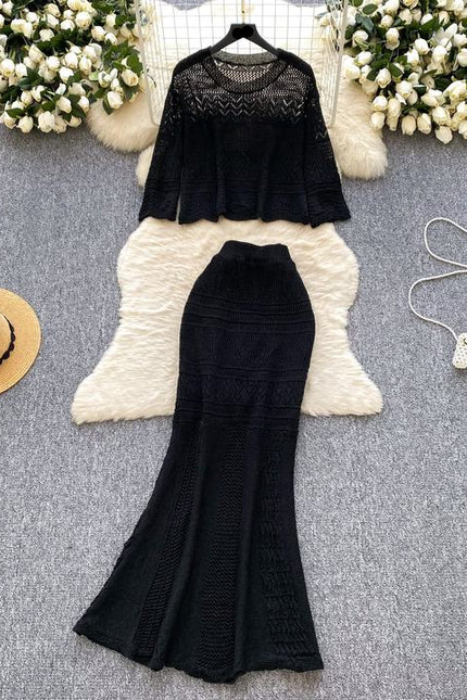 Two-piece Set Gentle Women Versatile Outfit Round-neck Short Sleeve Knitted Top Hollow-out Crocheted Hip-hugging Pencil Skirt